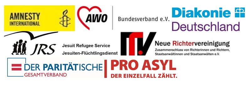 Die Logos von AWO Bundesverband, Diakonie, Amnesty International, Neue Richtervereinigung, Paritätischer Wohlfahrtsverband, Pro Asyl,  Jesuiten-Flüchtlingsdienst
