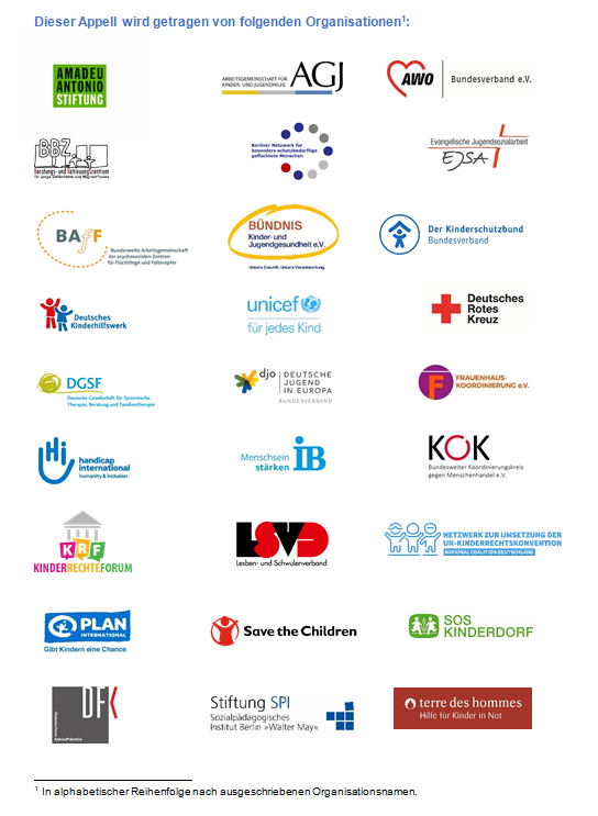 Logos der Beteiligten Organisationen Appell Kinderschutz Flüchtlingsgipfel