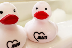 Banner: Abschied von der AWO-Ente: Zwei AWO Enten auf einem Badewannenrand