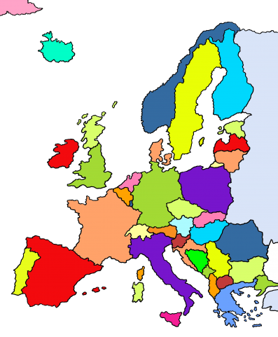 Auf der Karte ist Europa zu sehen und die einzelnen Länder Europas sind durch unterschiedliche Farben gekennzeichnet
