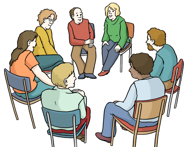 Auf dem Bild sieht man mehrere Menschen, die in einer Runde sitzen und sich unterhalten