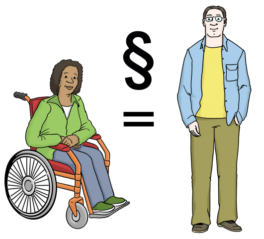 Auf dem Bild sieht man eine Rollstuhlfahrerin und einen Helfer. Zwischen den beiden sieht man ein = und § Zeichen, was heißen soll das jeder Mensch gleich behandelt wird 