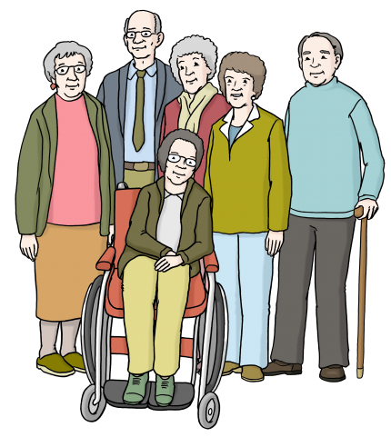 Auf dem Bild sieht man eine Gruppe älterer Menschen, die alle Pflege und Betreuung bekommen