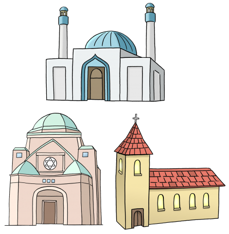 Auf dem Bild ist eine Moschee, eine Synagoge und eine Kirche abgebildet 