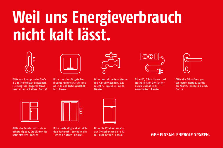 Eine rote Infografik mit dem Titel "Weil uns Energieverbrauch nicht kalt lässt." zeigt verschiedene Energiespartipps.