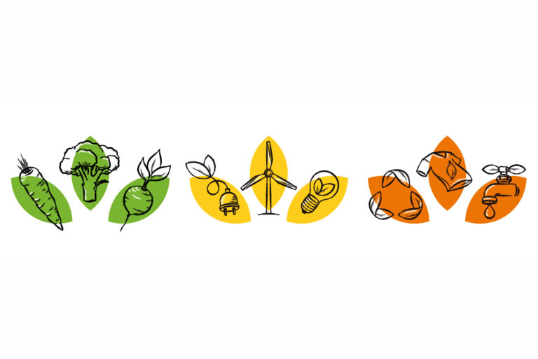 Illustration von verschiedenen Symbolen, die Nachhaltigkeit und Umweltbewusstsein darstellen. Zu sehen sind Symbole für Gemüse, erneuerbare Energien, Recycling und Wassereinsparung.