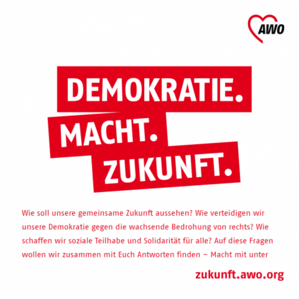 Logo der Dachkampagne ‚Demokratie. Macht. Zukunft.‘ zur Verteidigung der Demokratie gegen Rechts mit Hinweis auf die Website zukunft.awo.org