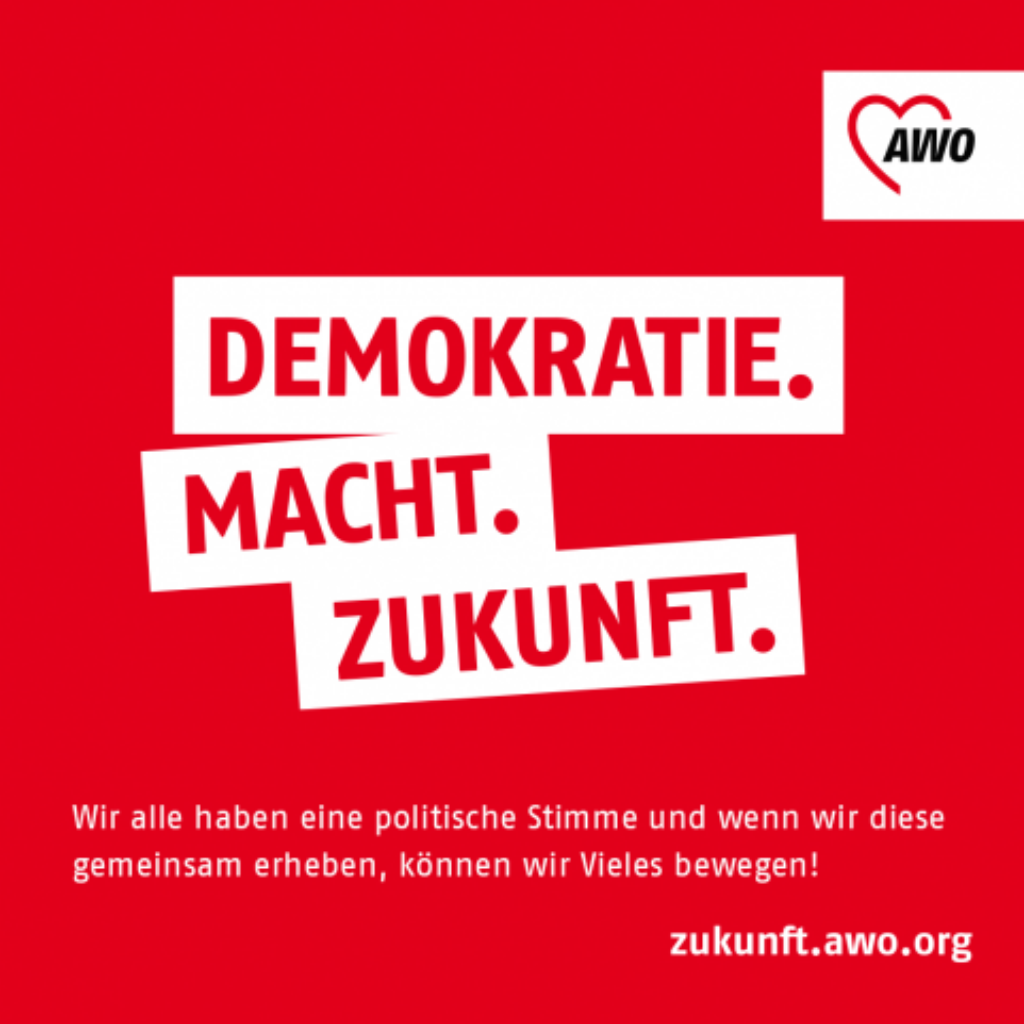 Logo der Dachkampagne ‚Demokratie. Macht. Zukunft.‘ zur Verteidigung der Demokratie gegen Rechts mit Hinweis auf die Website zukunft.awo.org