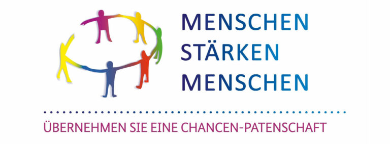 Logo "MENSCHEN STÄRKEN MENSCHEN". Darunter befindet sich der Schriftzug "ÜBERNEHMEN SIE EINE CHANCEN-PATENSCHAFT".