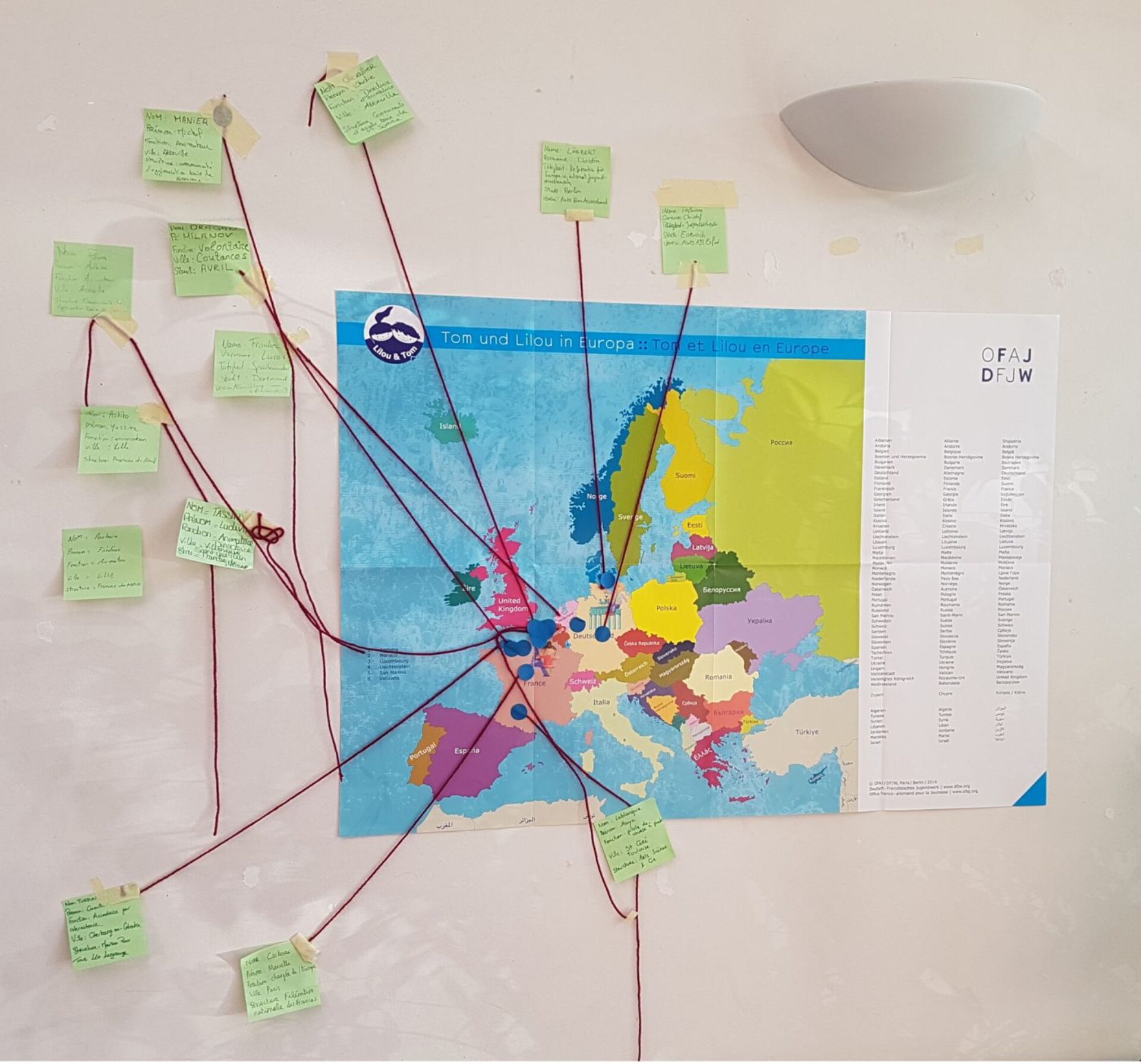 Europakarte an einer Wand mit roten Fäden, die verschiedene Länder mit grünen Notizzetteln verbinden, erstellt für ein Projekt des Deutsch-Französischen Jugendwerks (OFAJ/DFJW).