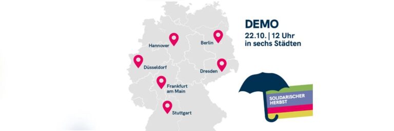 Deutschland-Karte auf der sechs Städte markiert sind. Neben der Karte steht "Solidarischer Herbst".
