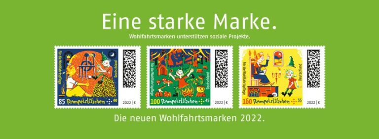 Wohlfahrtsbriefmarken mit Märchenmotiven, die jeweils Rumpelstilzchen in verschiedenen Szenen darstellen.