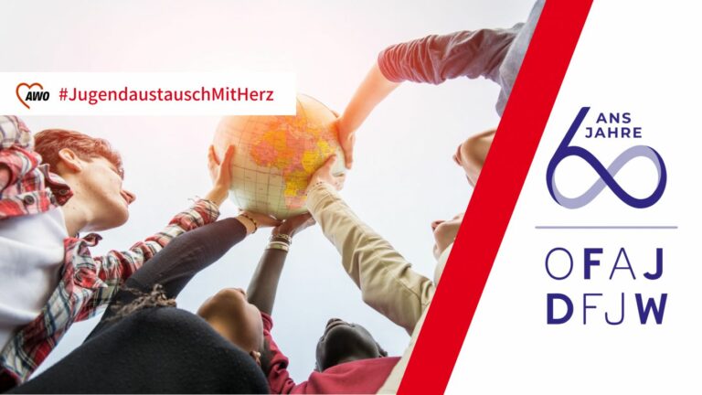 Ein Banner zum Thema Jugendaustausch mit dem AWO-Logo und dem Logo des DFJW zum 60-jährigen Jubiläum.