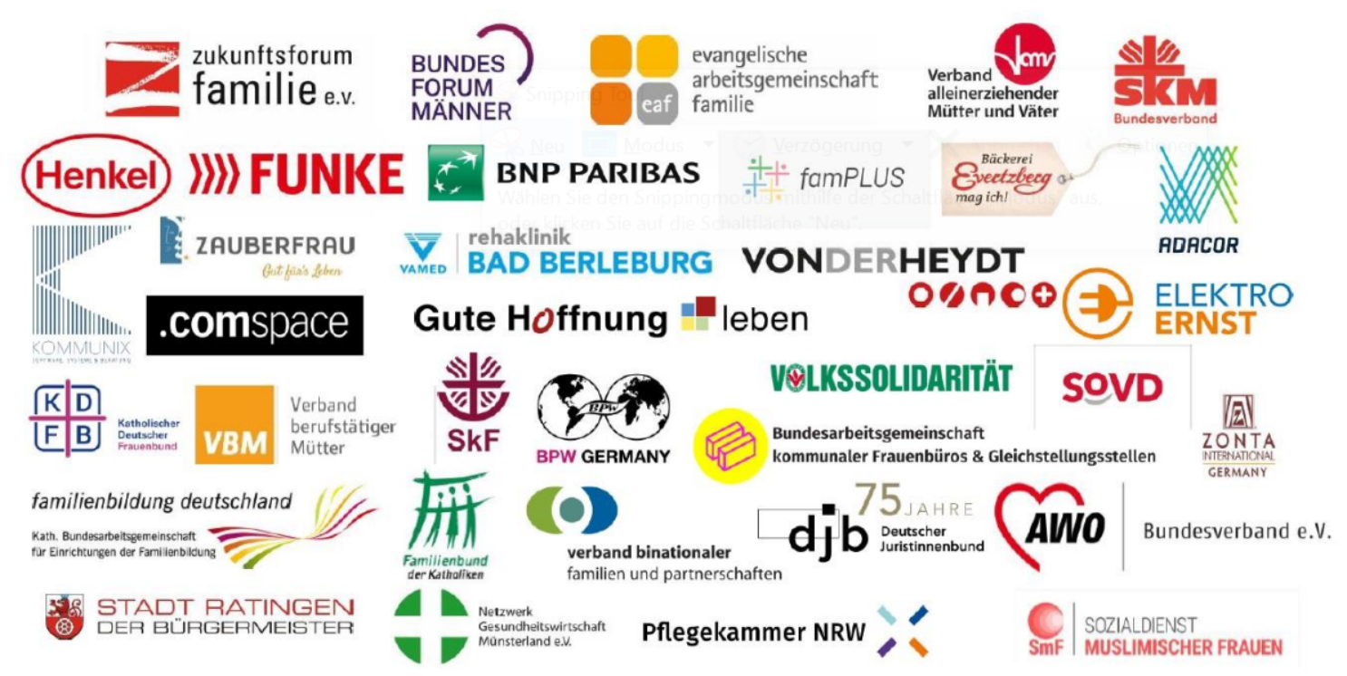 Zusammenstellung vieler verschiedener Logos von beispielsweise Henkel, Pflegekammer NRW, Verband alleinerziehender Mütter und AWO.