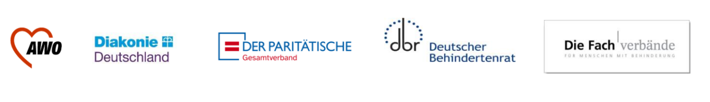 Fünf Logos stehen nebeneinander: AWO, Diakonie Deutschland, Der Paritätische Gesamtverband, Deutscher Bundertenrat und Die Fachverbände für Menschen mit Behinderung.