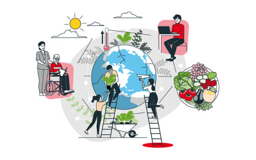 Illustration zum Barcamp Nachhaltigkeit und Klimaschutz, Menschen um eine Erdkugel mit grünen Pflanzen herum