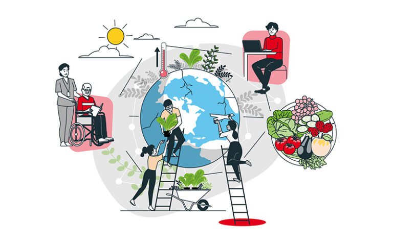 Illustration zum Barcamp Nachhaltigkeit und Klimaschutz, Menschen um eine Erdkugel mit grünen Pflanzen herum