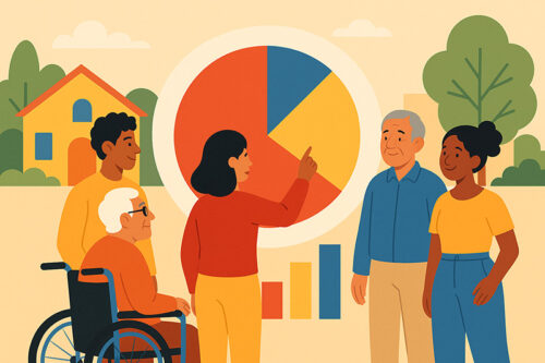 Illustration einer diversen Gruppe von Menschen, die gemeinsam auf ein großes Kreisdiagramm blickt, das Transparenz in der Demokratieförderung symbolisiert