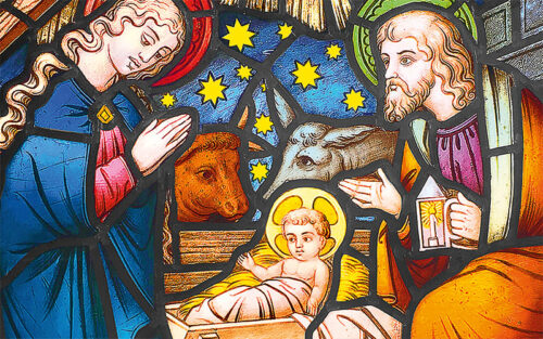 Wohlfahrtsmarken: Weihnachtsmarke 2025, Motiv: Kirchenfenster der Nicolaus-Gallus-Kapelle in Regensburg, das die Geburt Jesu im Stall bei Bethlehem zeigt