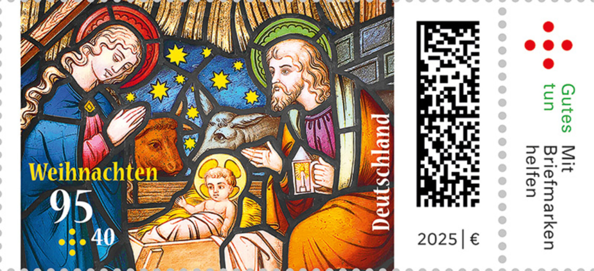 Wohlfahrtsmarken: Weihnachtsmarke 2025, Motiv: Kirchenfenster der Nicolaus-Gallus-Kapelle in Regensburg, das die Geburt Jesu im Stall bei Bethlehem zeigt