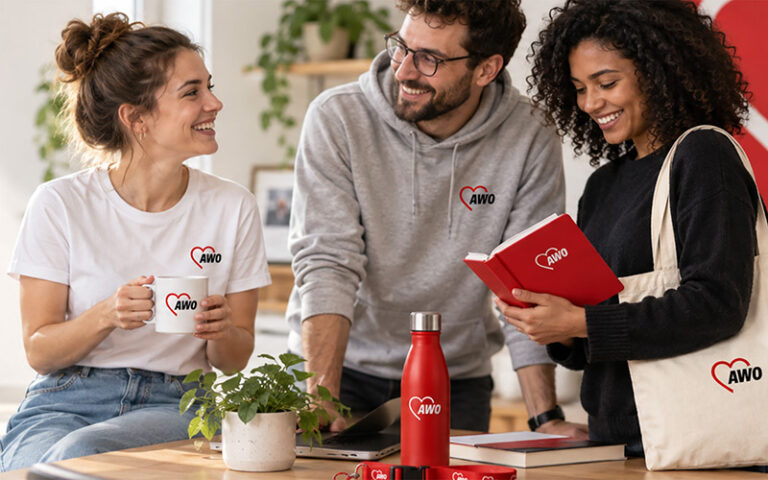 drei Personen mit diversen Artikeln mit AWO-Logo