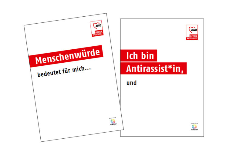 Plakatvorlagen „Ich bin Antirassist*in und...“ und „Menschenwürde bedeutet für mich...“