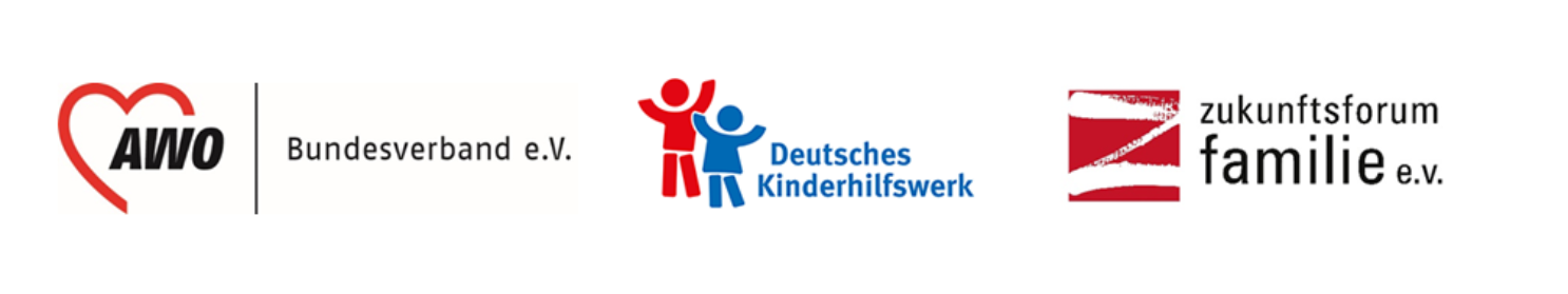 Das Bild zeigt drei Logos. Die Logos sind von AWO, Deutsches Kinderhilfswerk und Zukunftsforum Familie e.V.