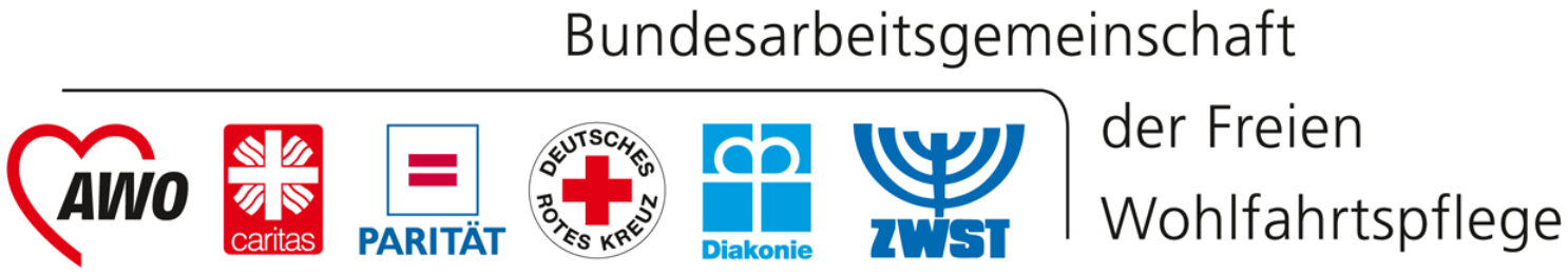 Das Bild zeigt Logos von: AWO, Caritas, Parität, Deutsches Rotes Kreuz, Diakonie, Zwist. Alle gehören zu der Bundesarbeitsgemeinschaft der Freien Wohlfahrtspflege.