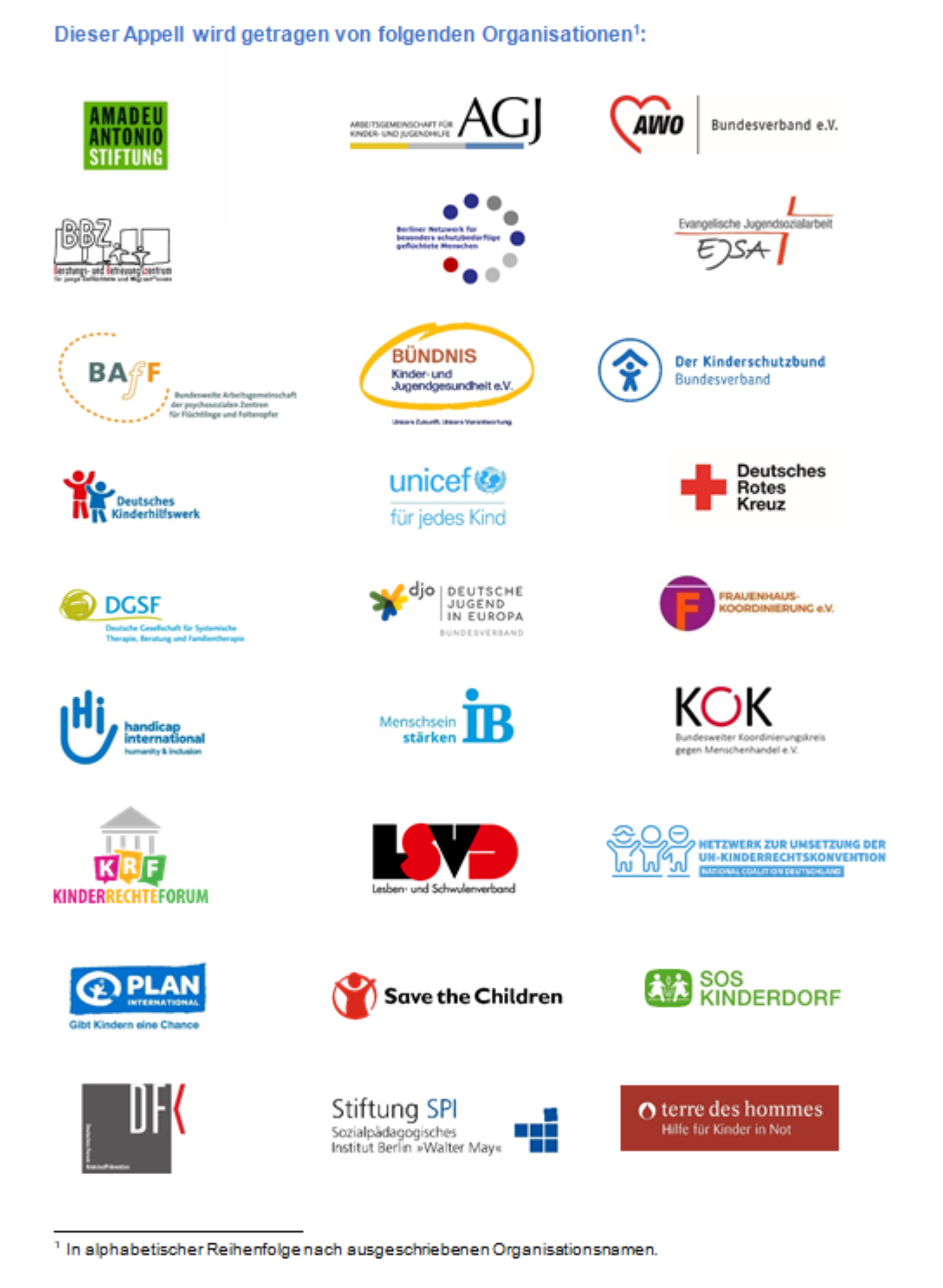Das Bild zeigt alle Organisationen, die an dem Appell beteiligt sind.