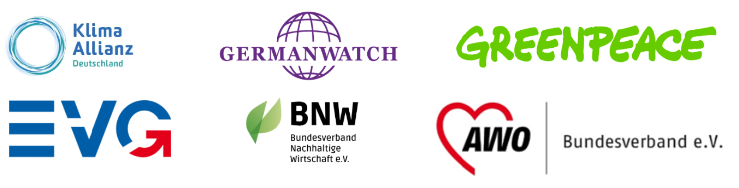Logos von Klima Allianz, Germanwatch, Greenpeace, EVG, BNW und AWO