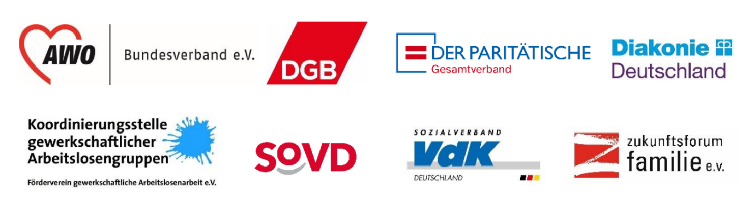Logos von AWO, DGB, De paritätische Gesamtverband, Diakonie Deutschland, Koordinierungsstelle gewerkschaftlicher Arbeitslosengrippe, SOVD, VdK und zukunftsforum familie e.v.