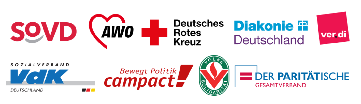 Logo von SOVD, AWO, DRK, Diakonie Deutschland, ver.di, VdK, compact! und die paritätische Gesamtverband