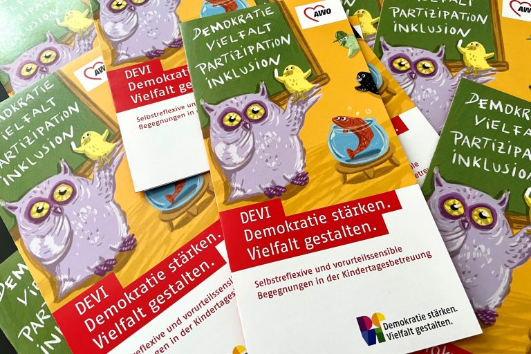 Nahaufnahme von mehreren Broschüren mit dem Titel ‚Demokratie stärken. Vielfalt gestalten.‘ und einer Illustration einer Eule, die für Partizipation und Inklusion wirbt.