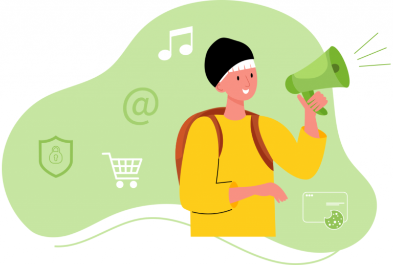 Eine illustrierte Person ruft etwas in ein Megafon. Im Hintergrund sieht man Icons für beispielsweise Musik, E-Mail und Einkaufen.