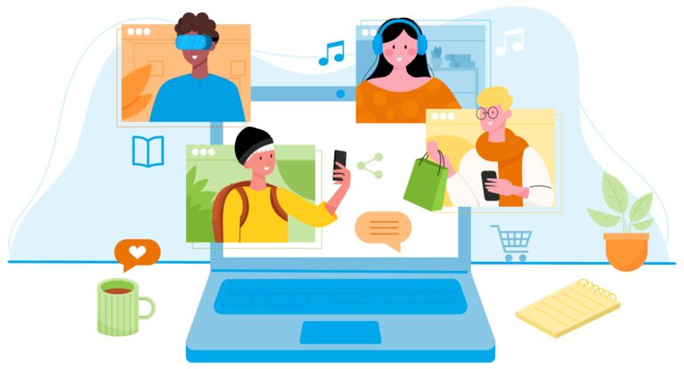 Illustration von vier Personen in verschiedenen virtuellen Szenarien, die auf einem großen Laptop-Bildschirm erscheinen, darunter Online-Shopping, Musik hören und VR-Erlebnisse.