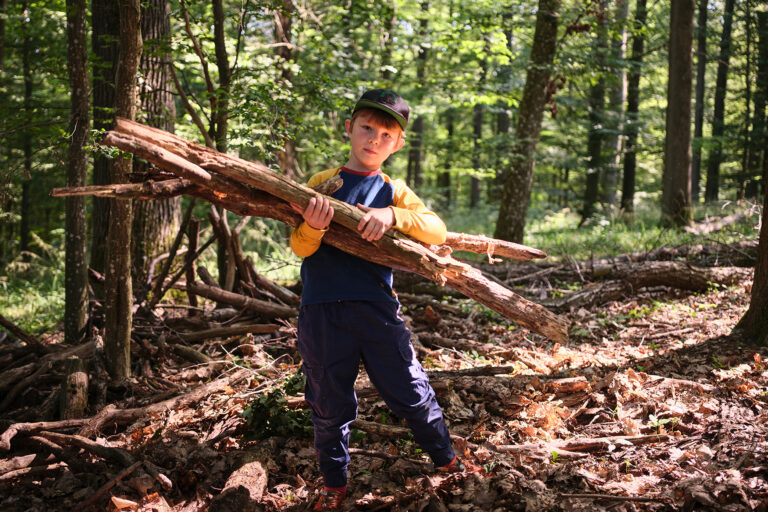 Ein Junge steht im Wald und hält einige große Stöcker in den Armen.