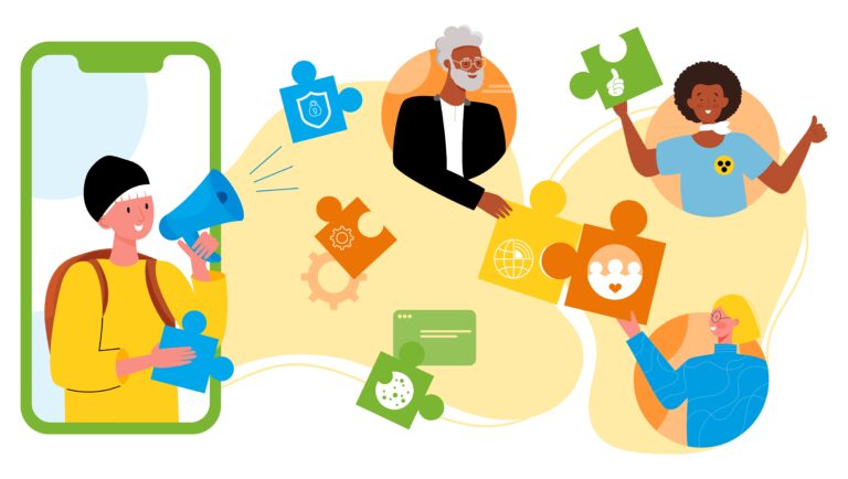 Illustration von vier Personen, die Puzzleteile mit verschiedenen Symbolen halten, darunter Datenschutz, globale Vernetzung und soziale Interaktion.