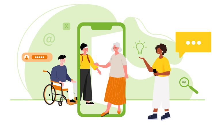 Illustration von vier verschiedenen Personen, darunter eine Person im Rollstuhl, die um ein großes Smartphone versammelt sind, das als Tür in eine digitale Welt fungiert.