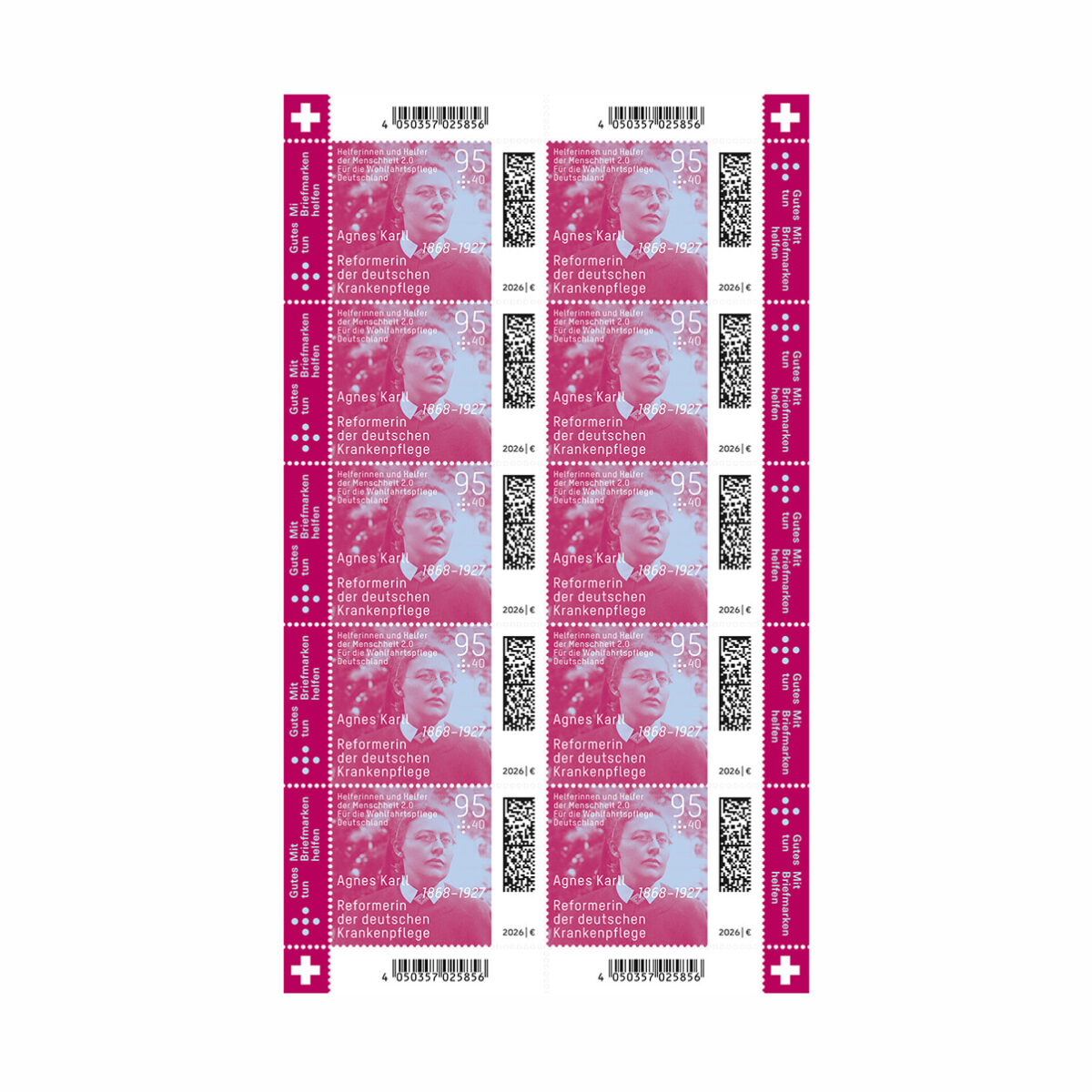 Wohlfahrtsmarken 2026: Zehnerbogen Agnes Karll (10 x 95 Cent + 40 Cent)