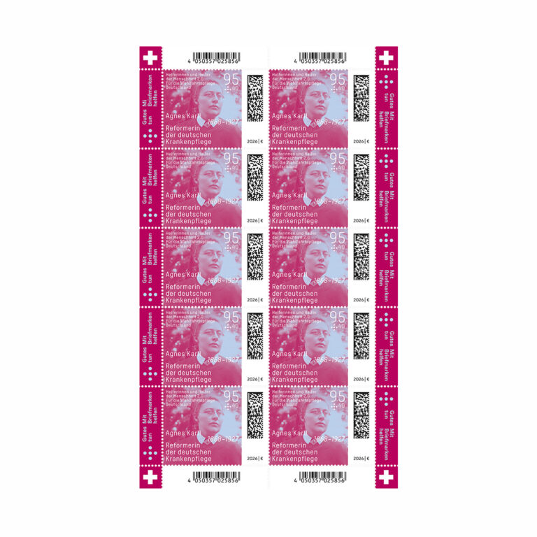 Wohlfahrtsmarken 2026: Zehnerbogen Agnes Karll (10 x 95 Cent + 40 Cent)