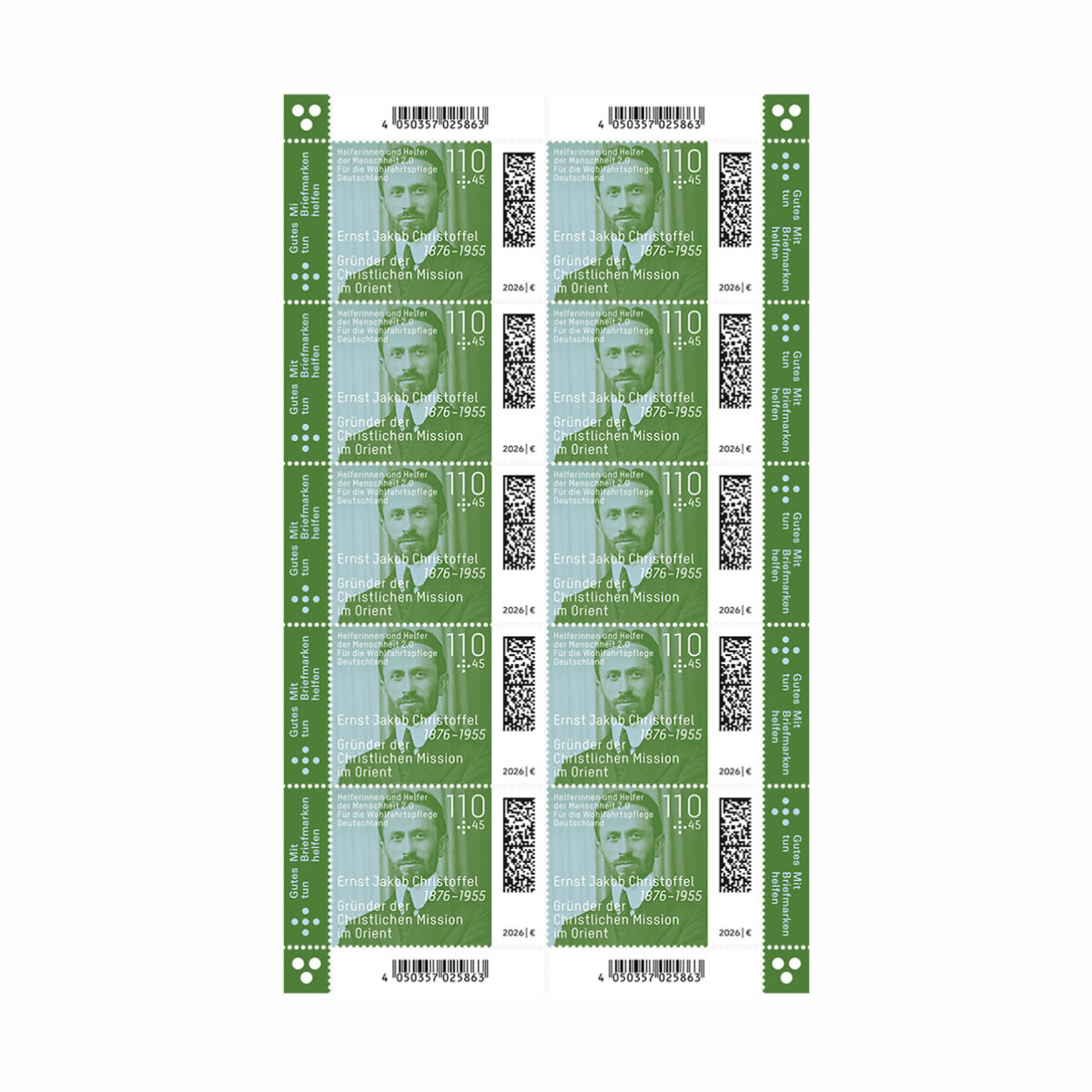 Wohlfahrtsmarken 2026: Zehnerbogen Ernst Jakob Christoffel (10 x 110 Cent + 45 Cent)
