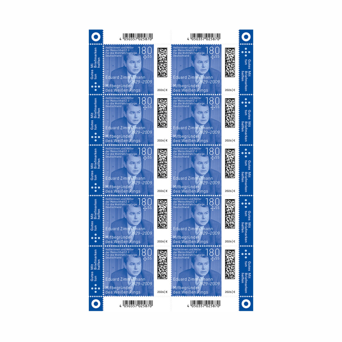 Wohlfahrtsmarken 2026: Zehnerbogen Eduard Zimmermann (10 x 180 Cent + 55 Cent)