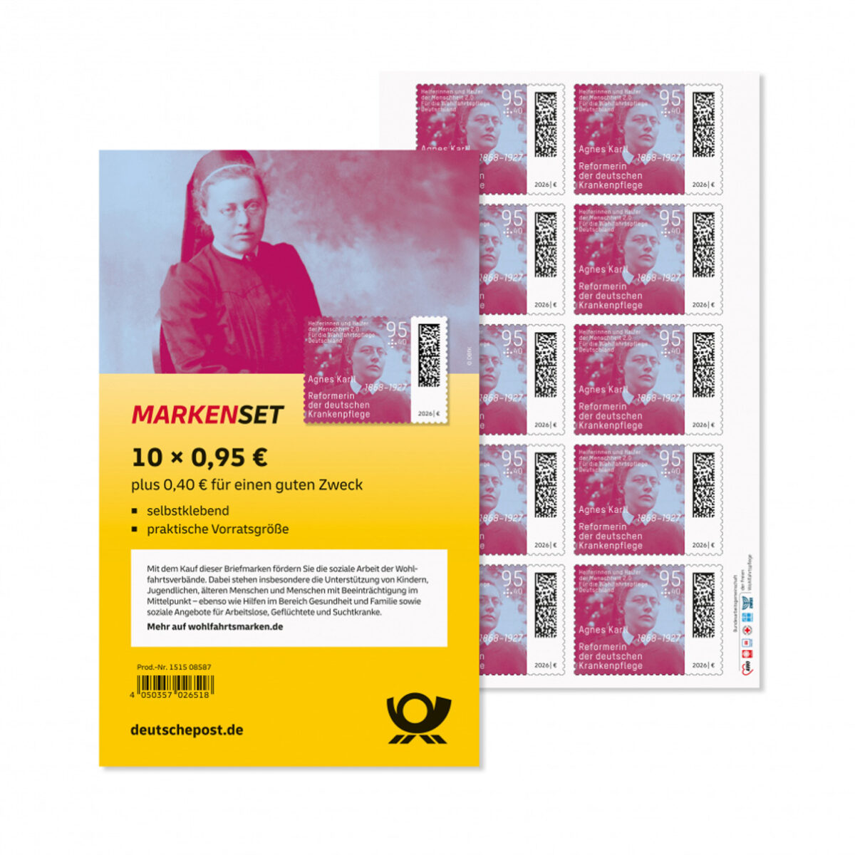 Wohlfahrtsmarken 2026: Marken-Set Agnes Karll (10 x 95 Cent + 40 Cent)