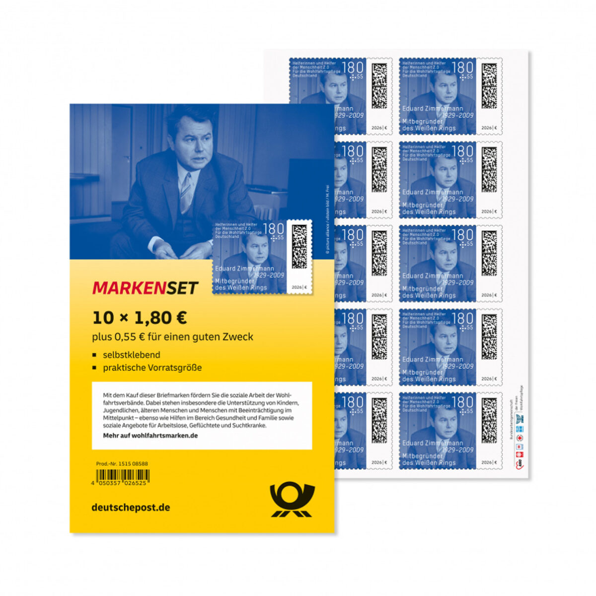 Wohlfahrtsmarken 2026: Marken-Set Eduard Zimmermann (10 x 180 Cent + 55 Cent)