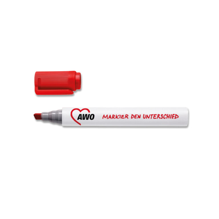 Roter Marker-Stift mit AWO-Logo und Aufschrift „Markier den Unterschied“