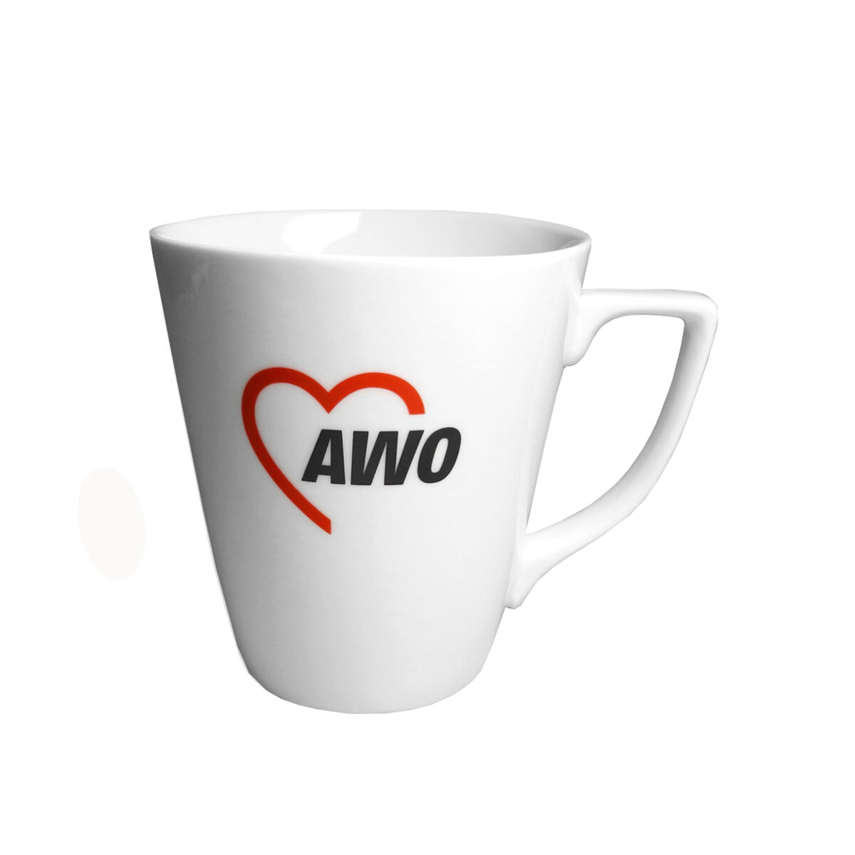 weiße AWO-Henkeltasse mit AWO-Logo