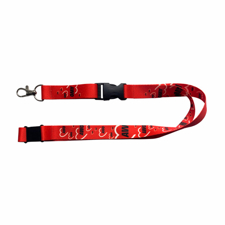 rotes Schlüsselband mit AWO-Logos