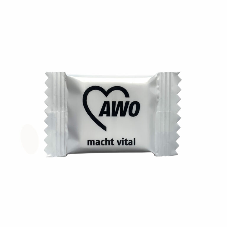 weiße Traubenzucker-Packung mit AWO-Logo und Aufdruck "macht vital"