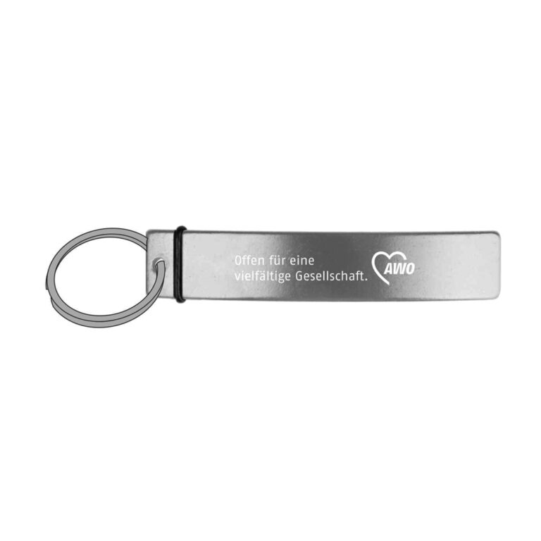 Edelstahl-Schlüsselanhänger mit Flaschenöffner mit Text "Offen für eine vielfältige Gesellschaft" und AWO-Logo in weiß