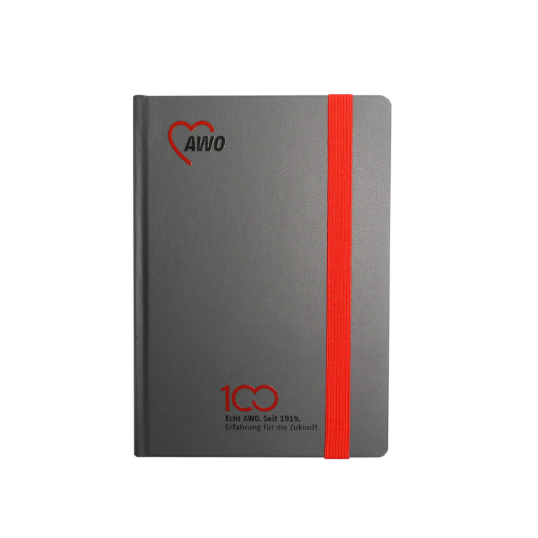 Notizbuch anthrazitfarben mit AWO-Logo und rotem Gummiband